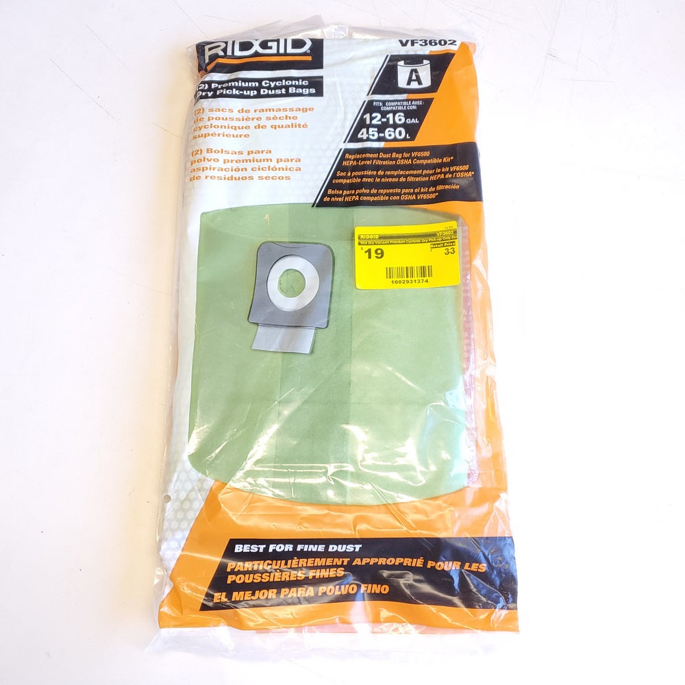 Wet Dry Vacuum Premium Cyclonic Dry Pick-up Only Dust Bags for Select 12-16 Gallon (VF3602) Wet Dry Vacuum Premium Cyclonic Dry Pick-up Only Dust Bags for Select 12-16 Gallon (VF3602)